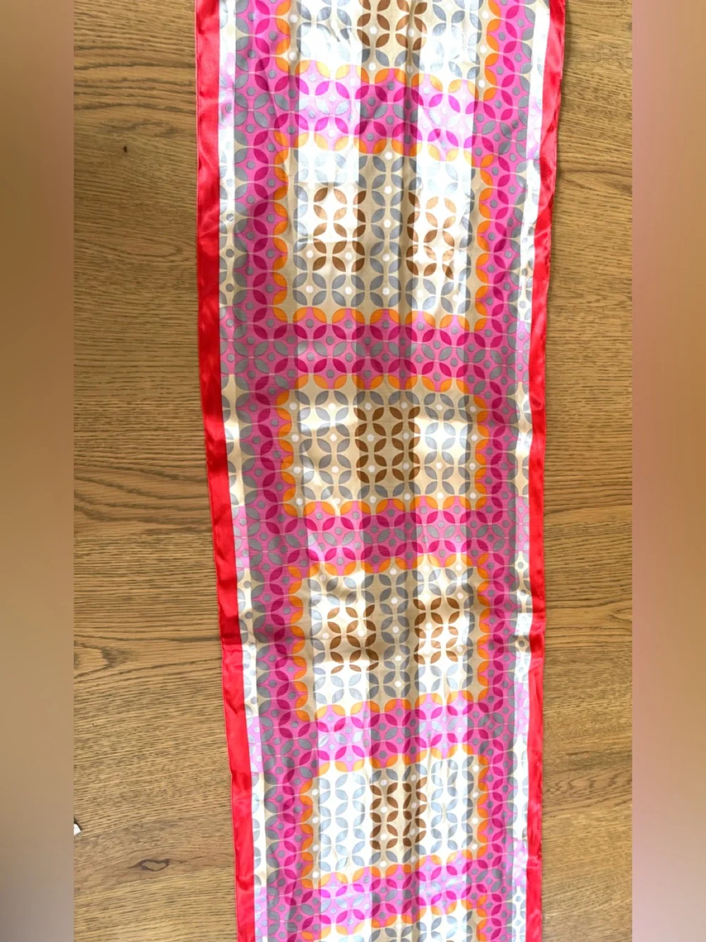 Vintage Geometric Silk Scarf Pink Orange Brown Gray 30” Long OS